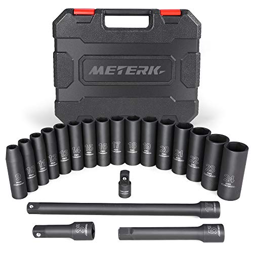 Meterk 12-Inch Drive Metric Deep Impact Socket Set 20PCS Set CR-V 6 Point Metric Sizes with 3 Extension Bar and 1 Socket Wrench Adapter 9-24mm
