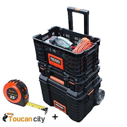 RIDGID Professional Tool Storage Pro Gear Cart Organizer Basket Box 22 AND Toucan City 25 ft Tape Measure
